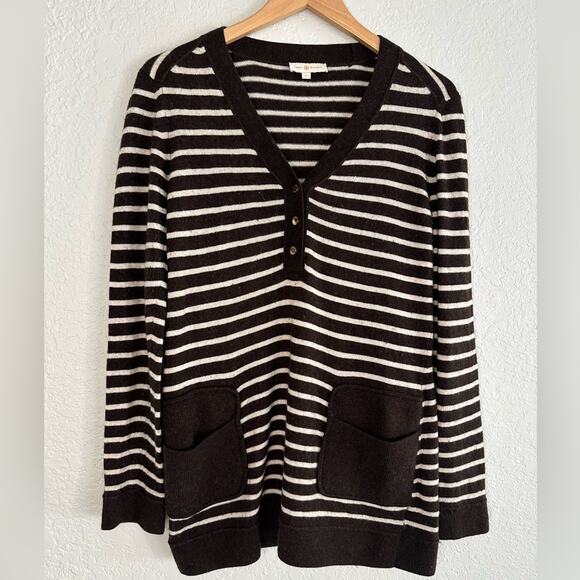 Tory Burch Brown Stripe Sweater Cashmere Wool Pockets Preppy Y2K Oversized - Picture 1 of 8